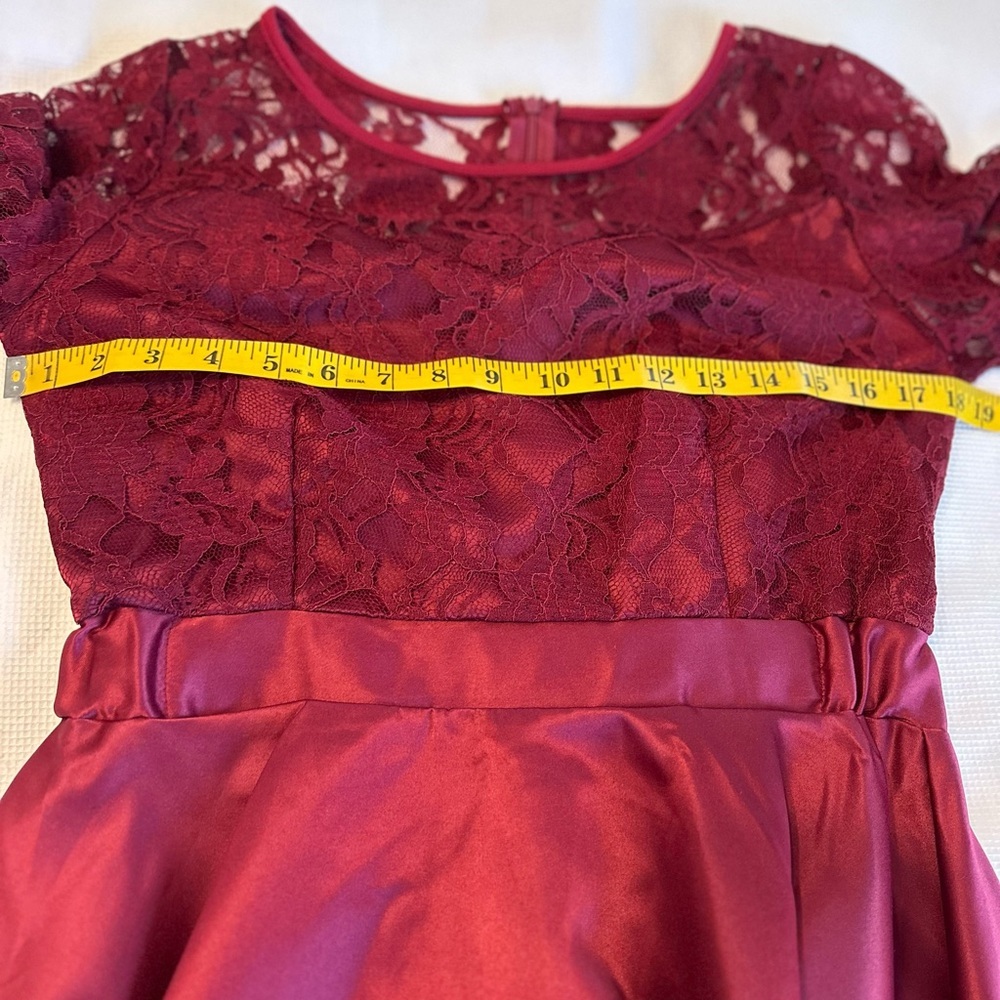 Spliced Burgundy Lace Satin High-Low Dress Long Sleeve Size Medium - Picture 7 of 13